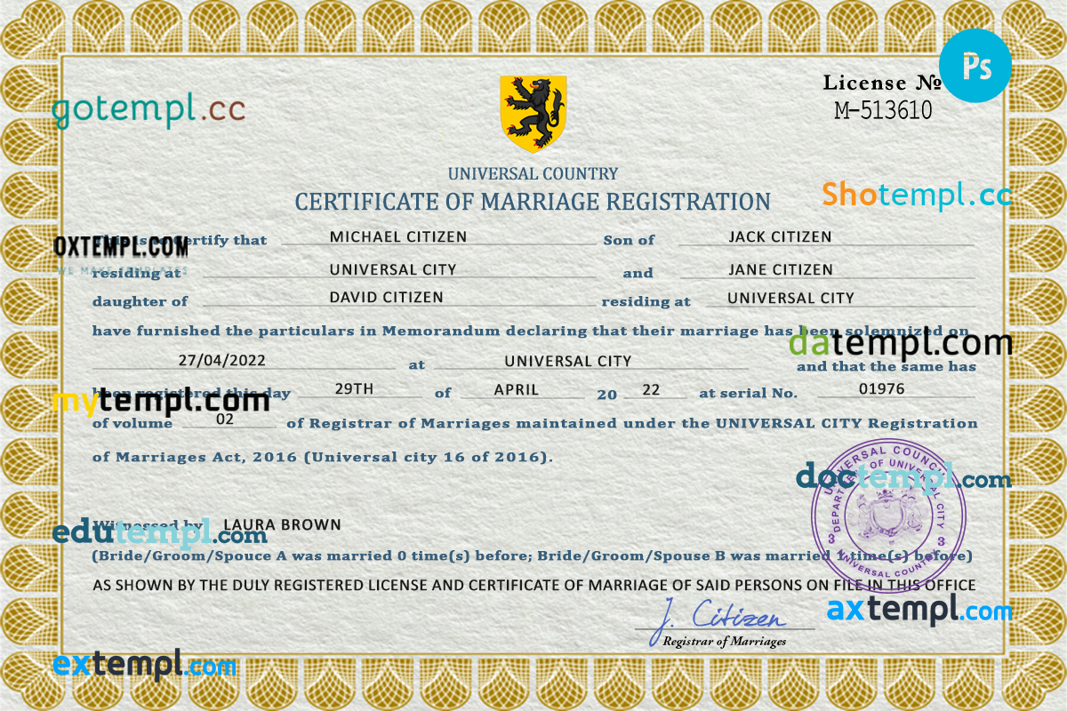 # sight universal marriage certificate PSD template, completely editable