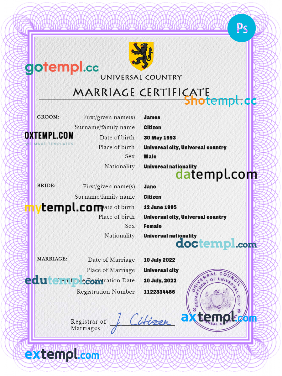 # snap universal marriage certificate PSD template, completely editable