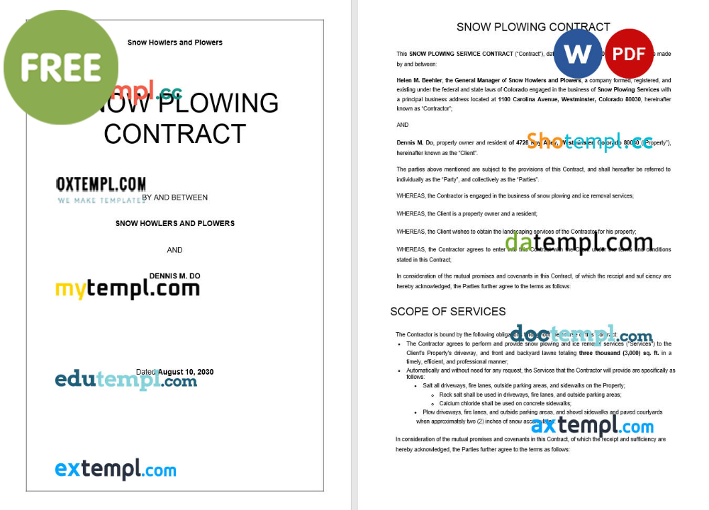 snow plowing contract template, Word and PDF format