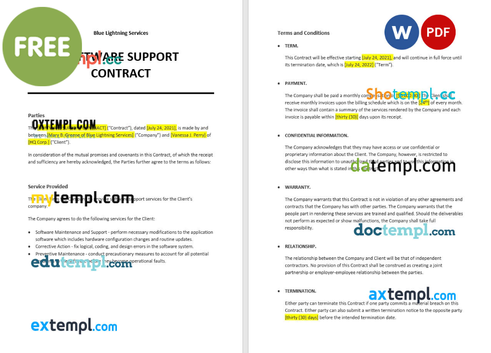 software support contract template, Word and PDF format