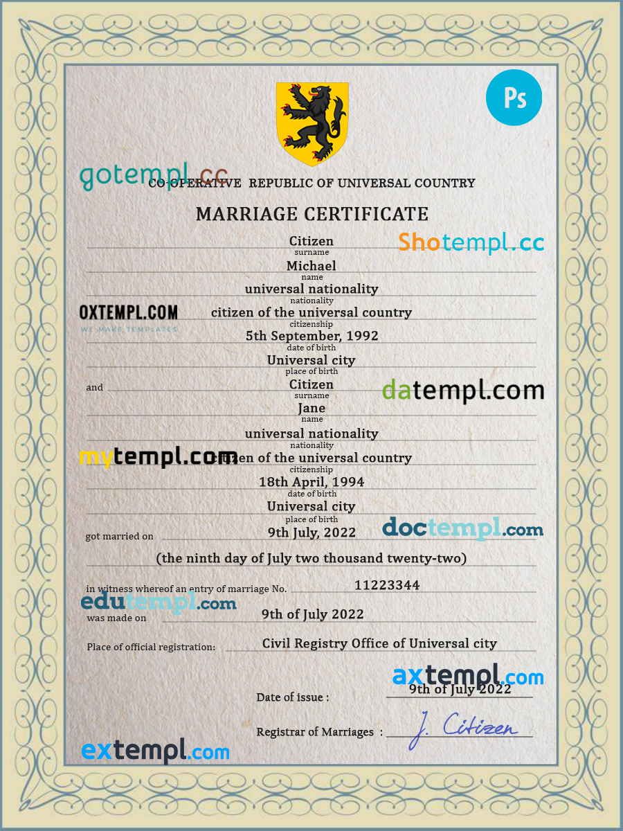 # soulmate universal marriage certificate PSD template, completely editable