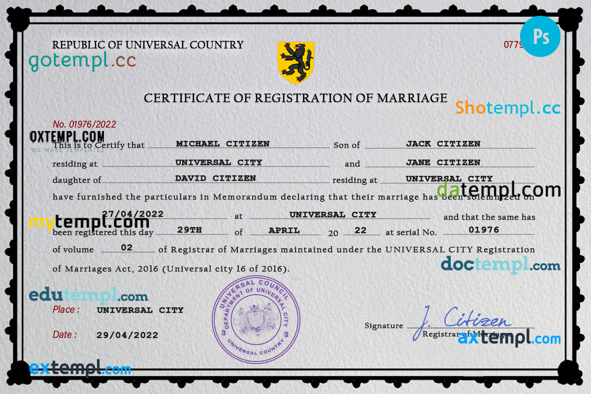 # spellbound universal marriage certificate PSD template, fully editable