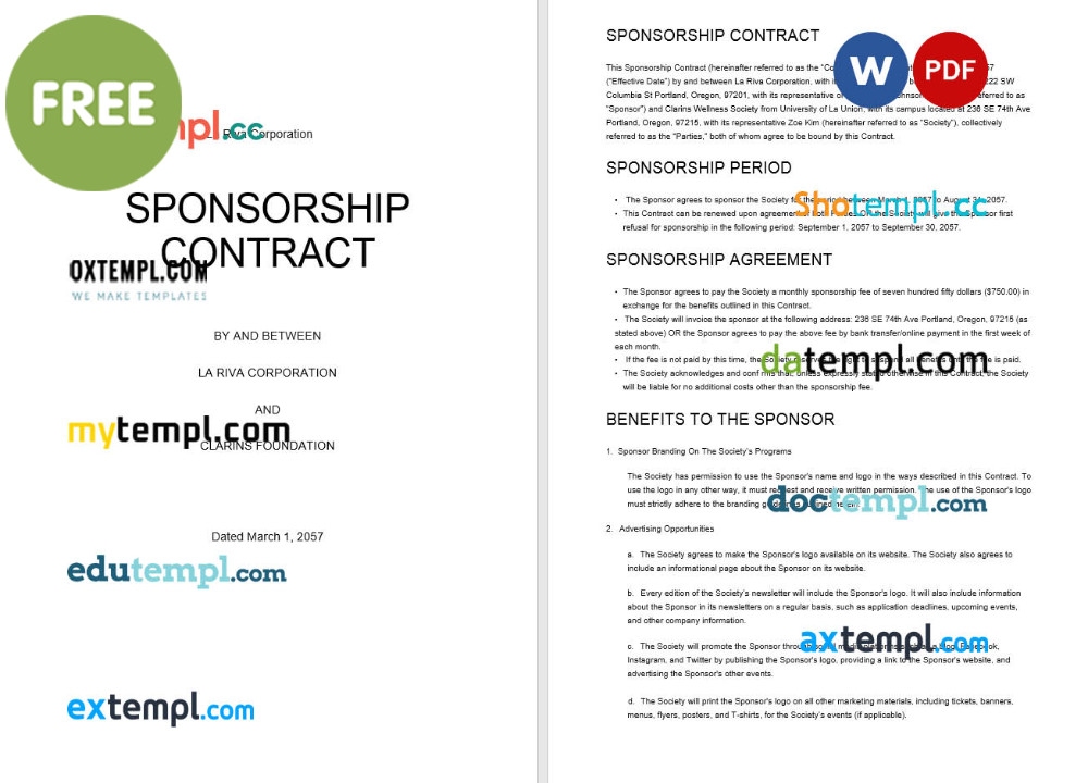 sponsorship contract template, Word and PDF format