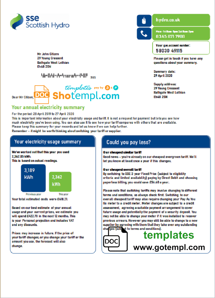 United Kingdom SSE Energy utility bill template in Word and PDF format, version 2