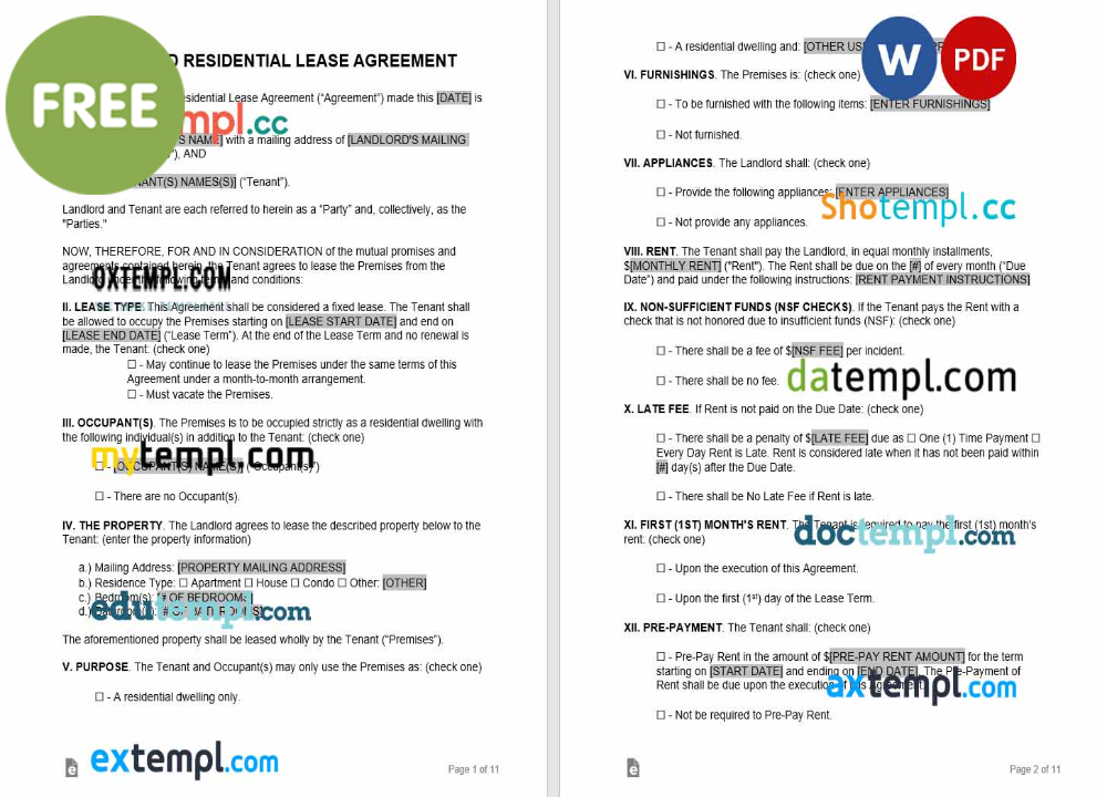 standard residential lease agreement template, Word and PDF format