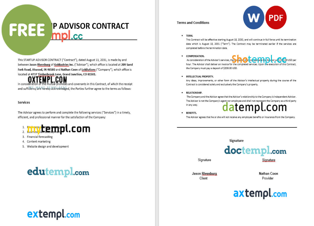startup advisor contract template, Word and PDF format
