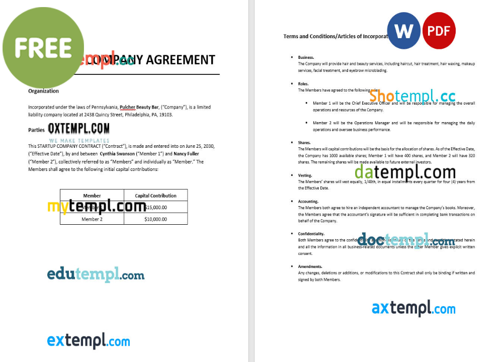 startup company contract template, Word and PDF format