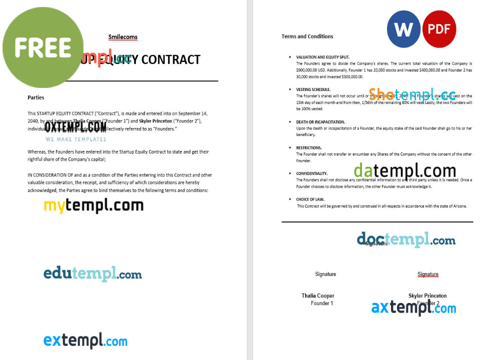 startup equity contract template, Word and PDF format