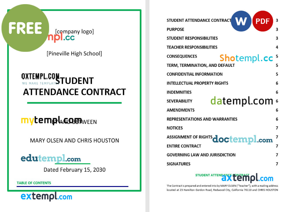 student attendance contract template, Word and PDF format