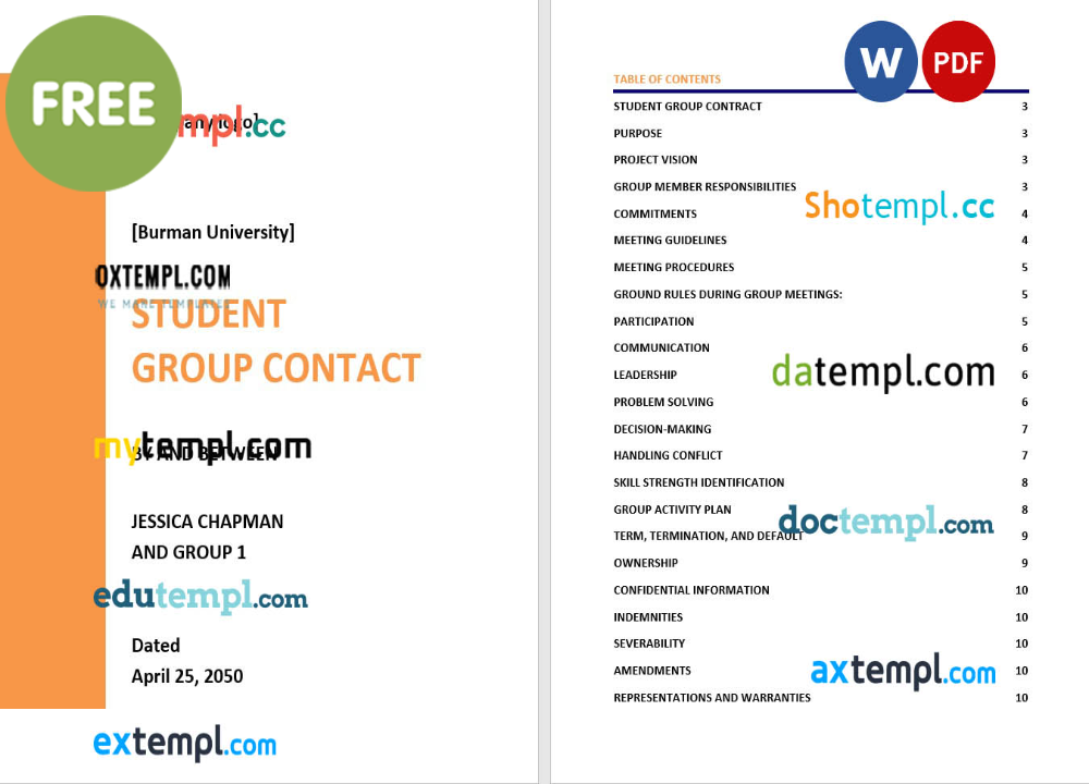 student group contract template, Word and PDF format