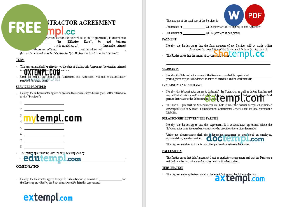 subcontractor agreement template, Word and PDF format