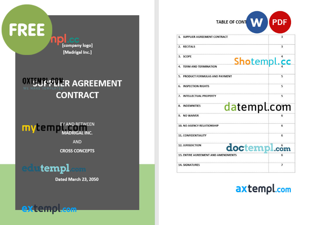 supplier agreement contract template, Word and PDF format