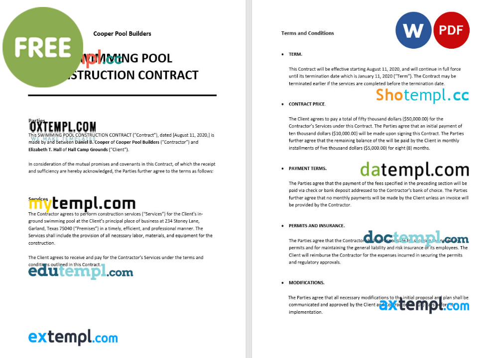 swimming pool construction contract template, Word and PDF format