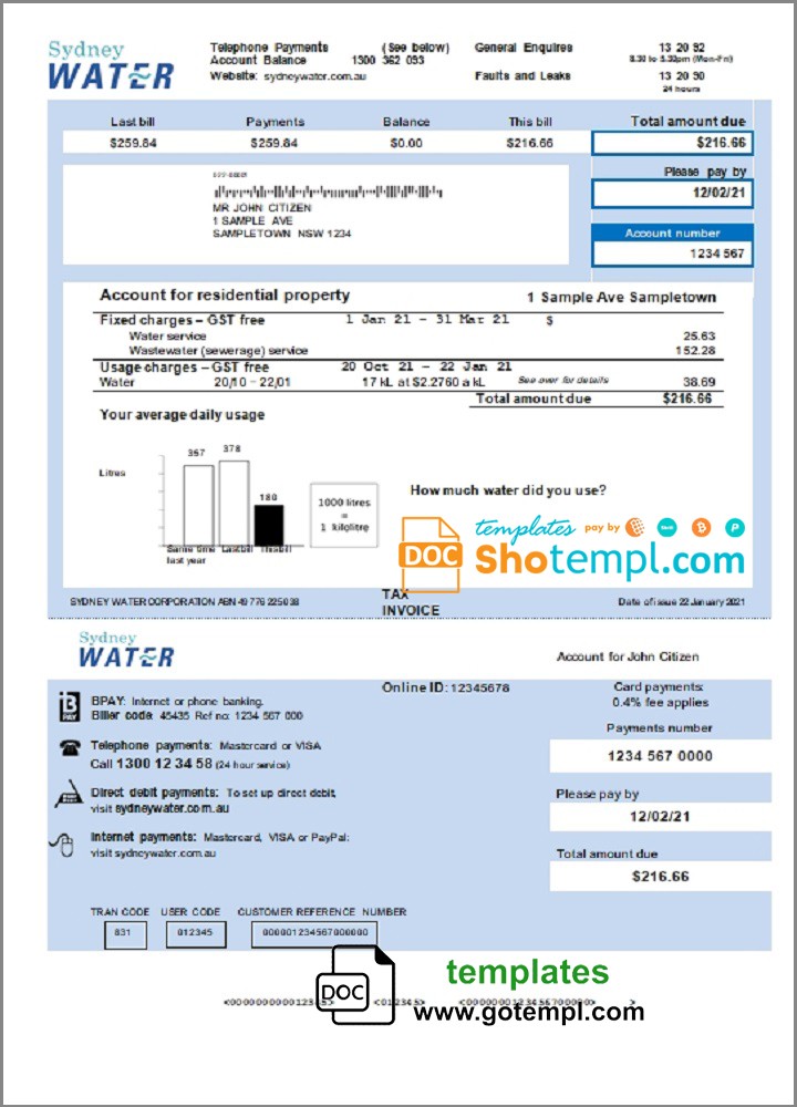 Australia Sydney water utility bill template, fully editable in Word and PDF format