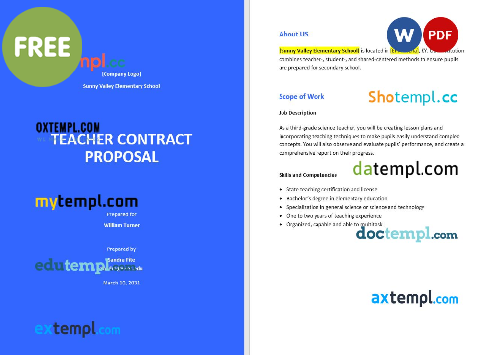 teacher contract proposal template, Word and PDF format