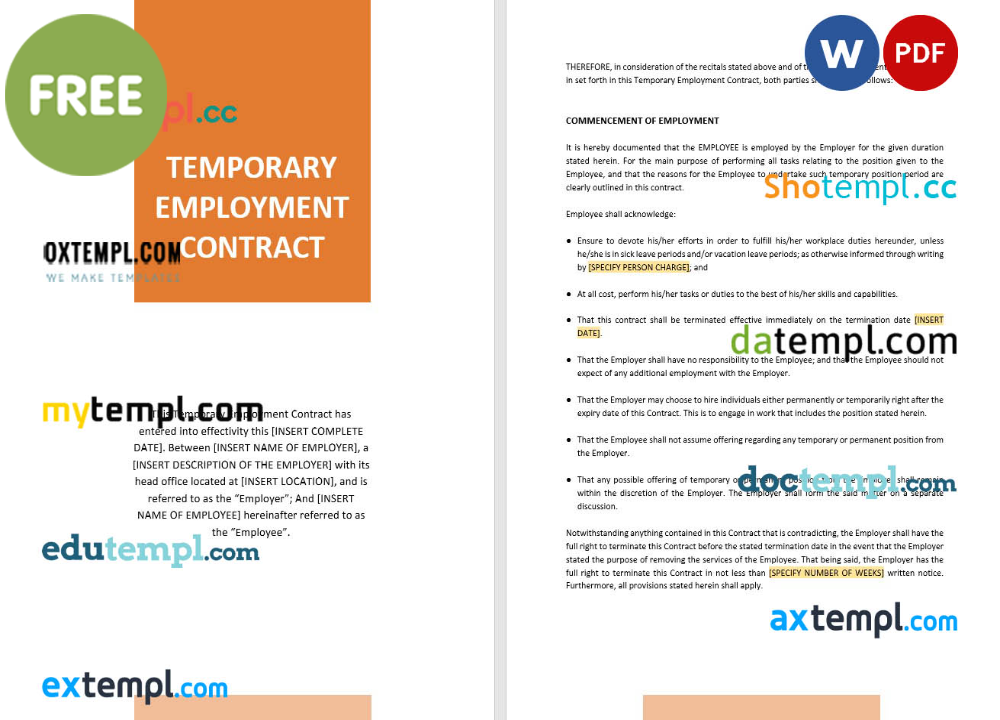 temporary employment contract template, Word and PDF format