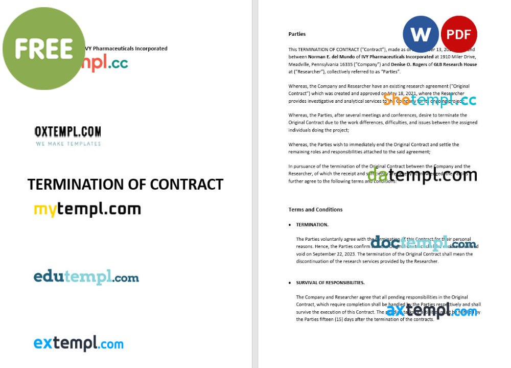 termination of contract template, Word and PDF format