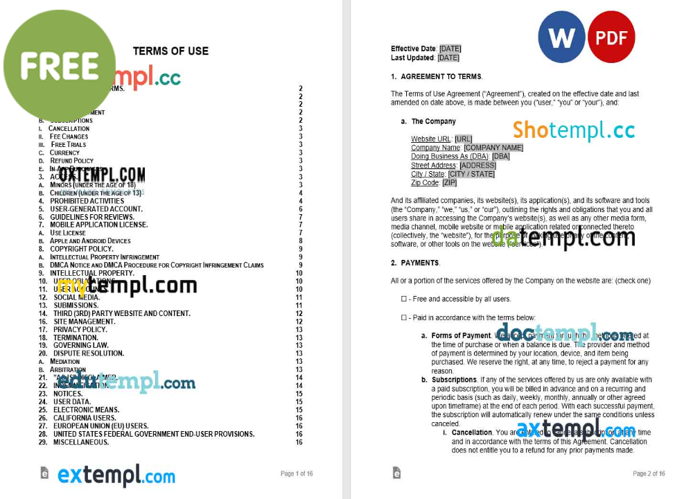 terms and conditions template, Word and PDF format