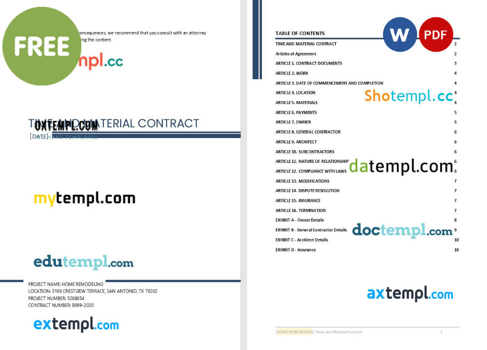 time and material contract in project management template, Word and PDF format