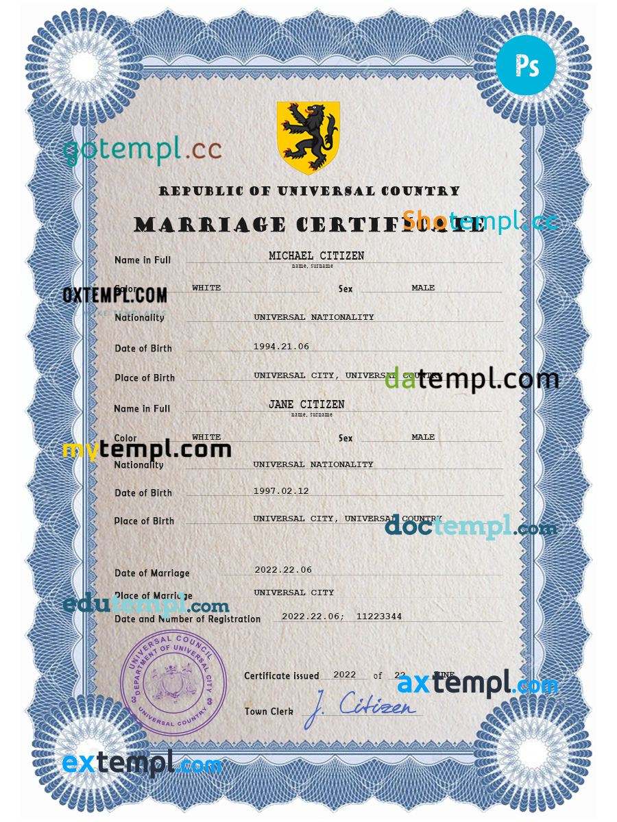 # traditional universal marriage certificate PSD template, completely editable