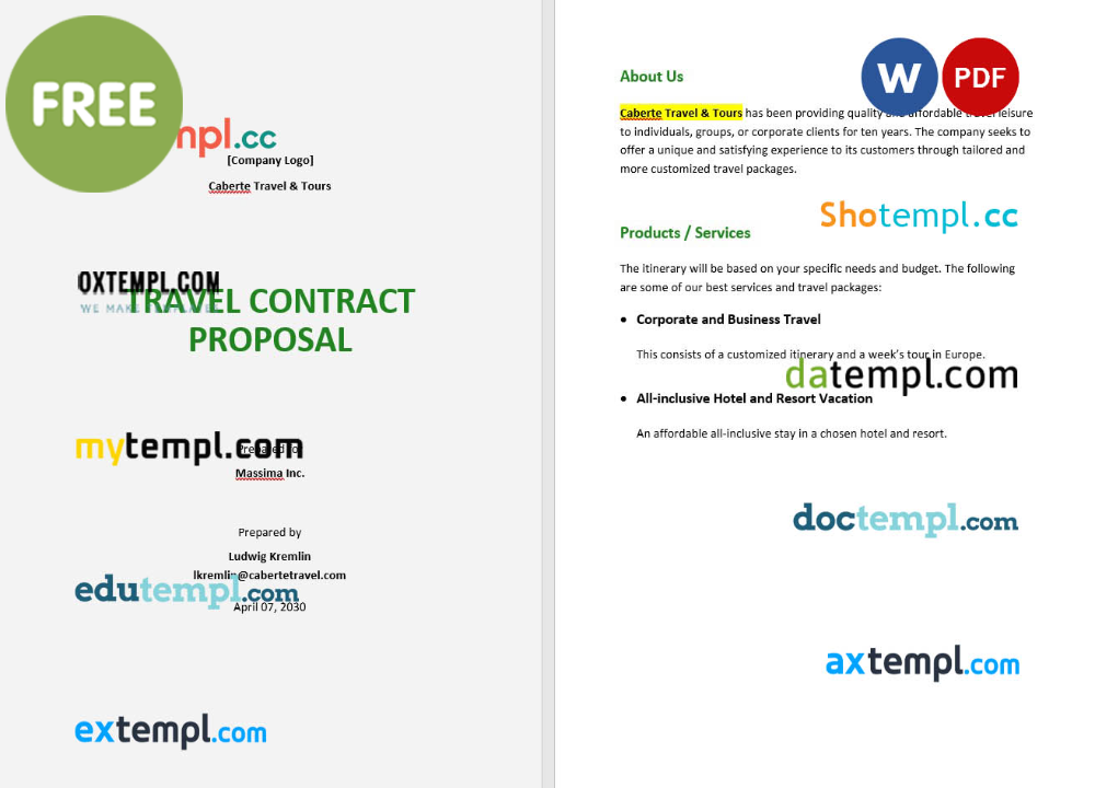 travel contract proposal template, Word and PDF format