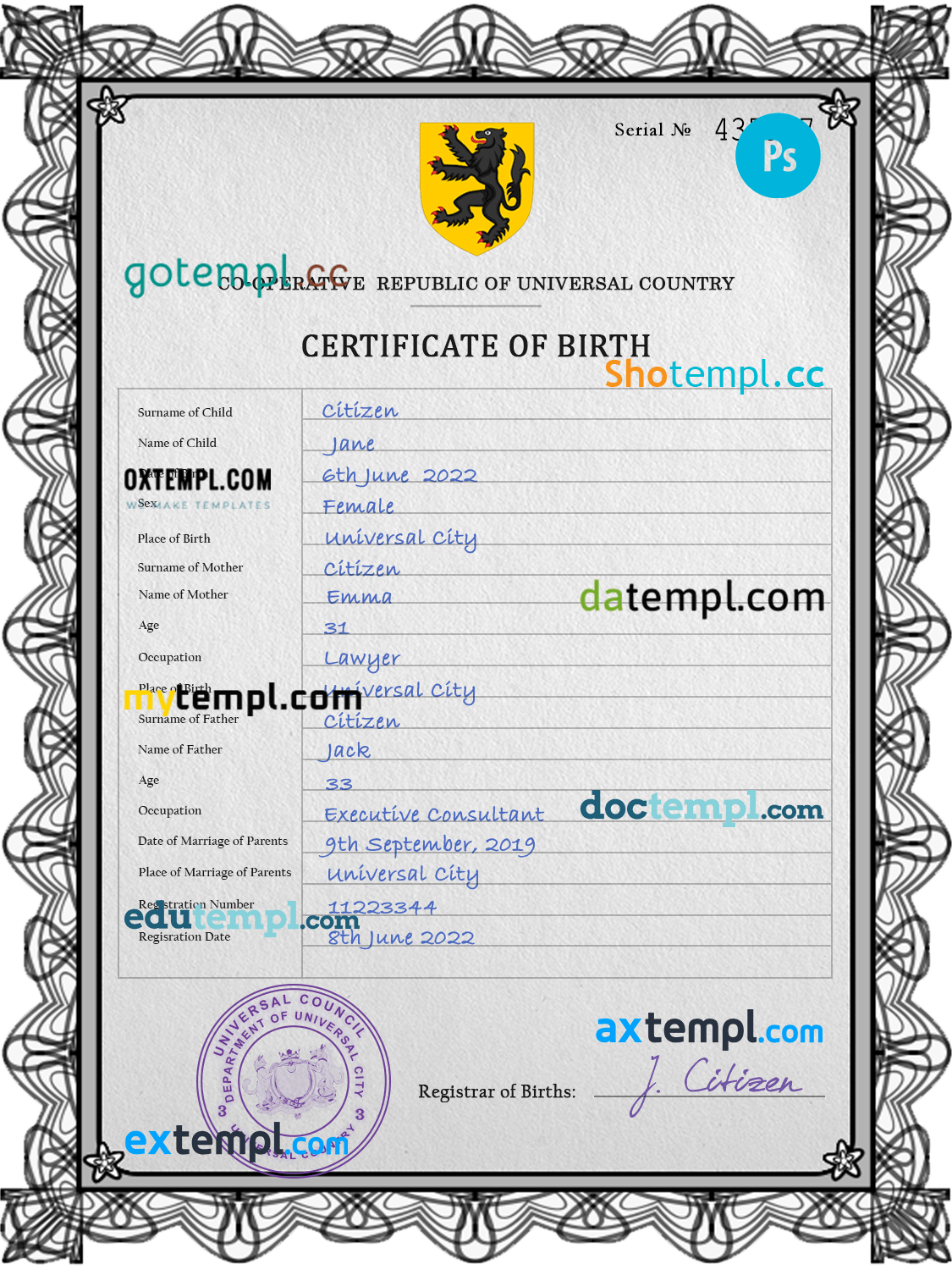 # trident universal birth certificate PSD template, fully editable