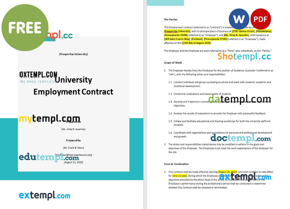 university employment contract template, Word and PDF format