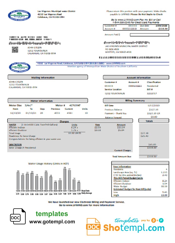 USA California Las Virgenes Municipal Water District utility bill template in Word and PDF format