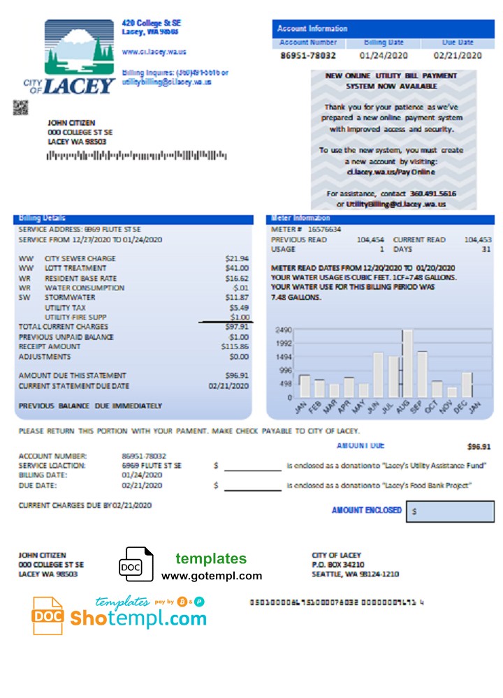 USA Washington City of Lacey water utility bill template in Word and PDF format (proof of address)