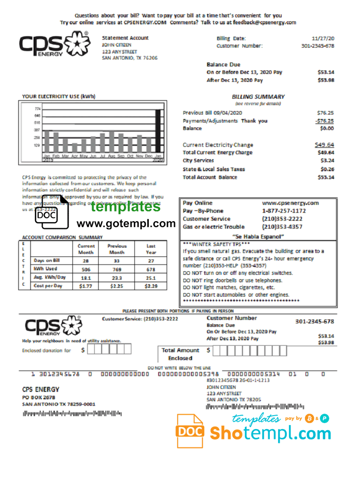 USA Texas CPS utility bill template in Word and PDF format