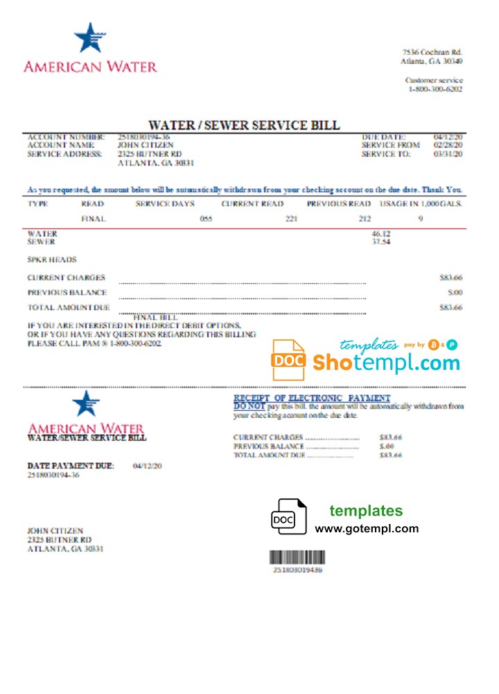 USA Georgia American Water utility bill template in Word and PDF format