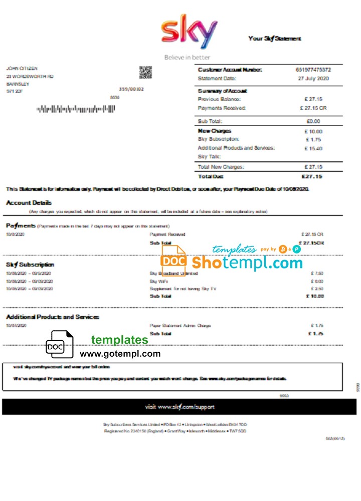 United Kingdom Sky utility bill statement template in Word and PDF format