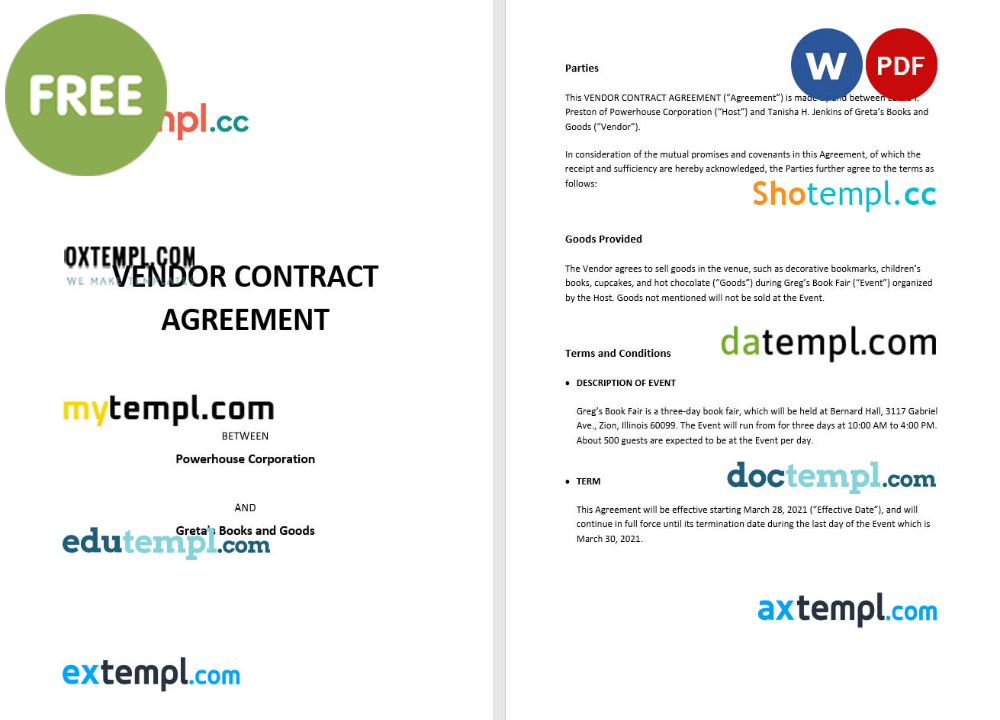 vendor contract agreement template, Word and PDF format