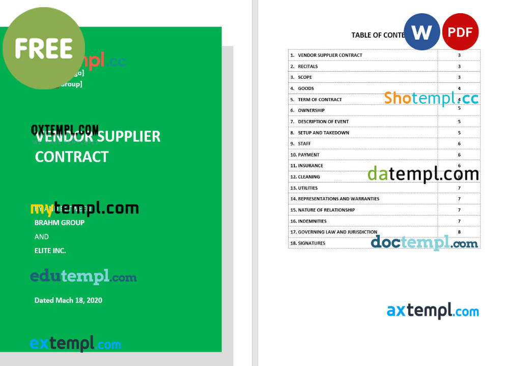 vendor supplier contract template, Word and PDF format