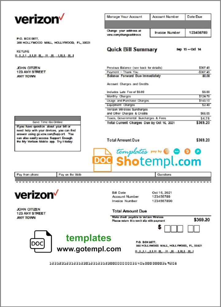 USA Verizon utility bill template in Word and PDF format, fully editable, version 2