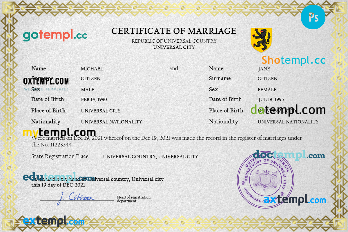 # viewfinder universal marriage certificate PSD template, fully editable