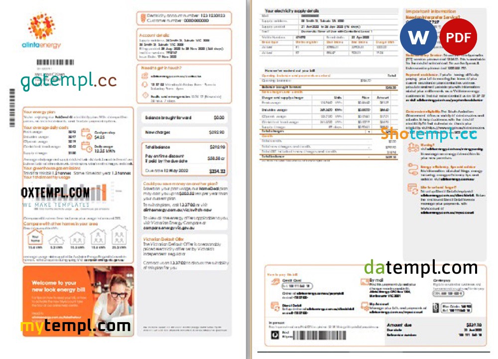 Australia Alinta energy electricity utility bill template in Word and PDF format, 2 pages