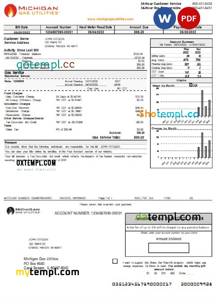 USA Michigan gas Utilities utility bill template in Word and PDF format