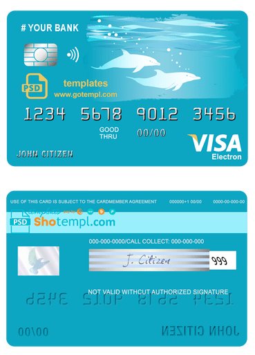 # wander dolphins universal multipurpose bank visa electron credit card template in PSD format, fully editable