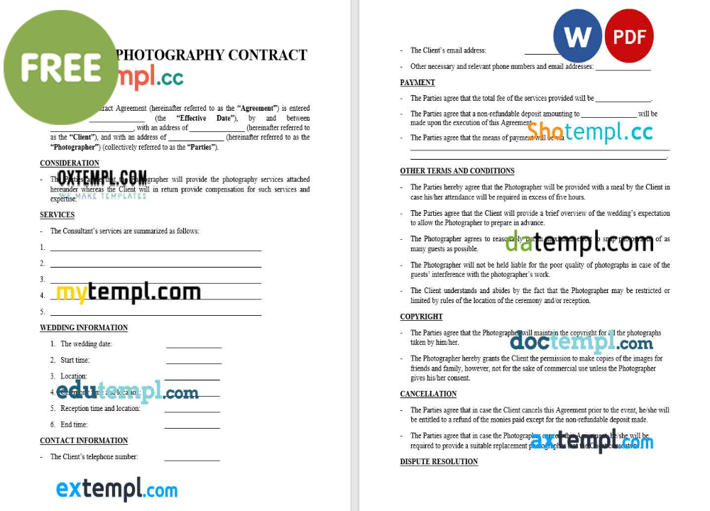 wedding photography contract template, Word and PDF format