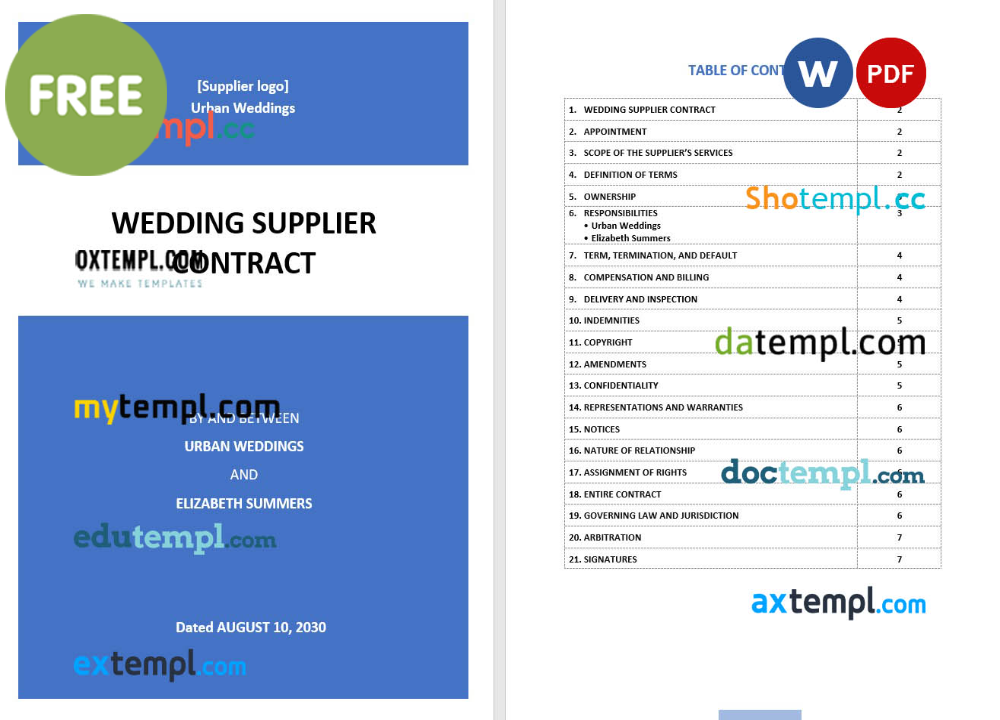 wedding supplier contract template, Word and PDF format
