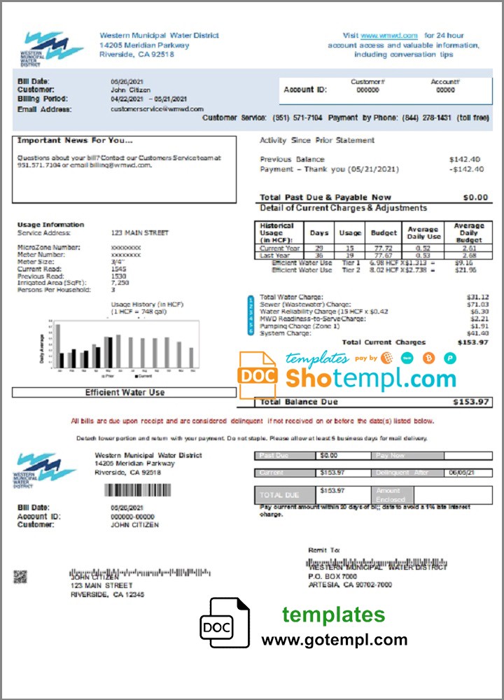 USA Western Municipal Water District utility bill template in Word and PDF format
