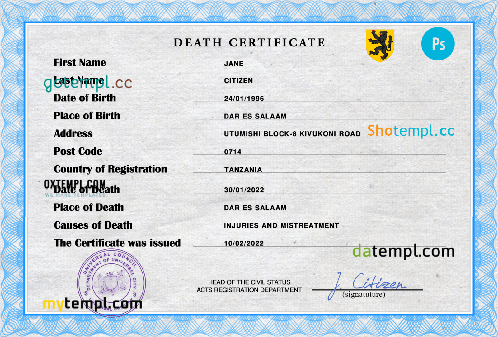 # wise crowd death universal certificate PSD template, completely editable