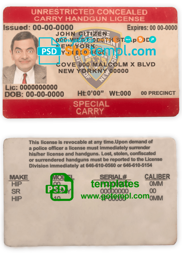 United States New York state unrestricted concealed carry license template in PSD format