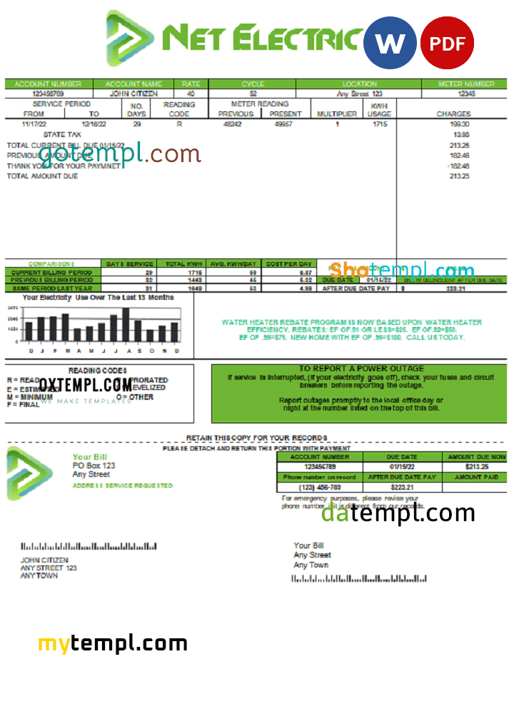 # net electric universal multipurpose utility bill, Word and PDF template