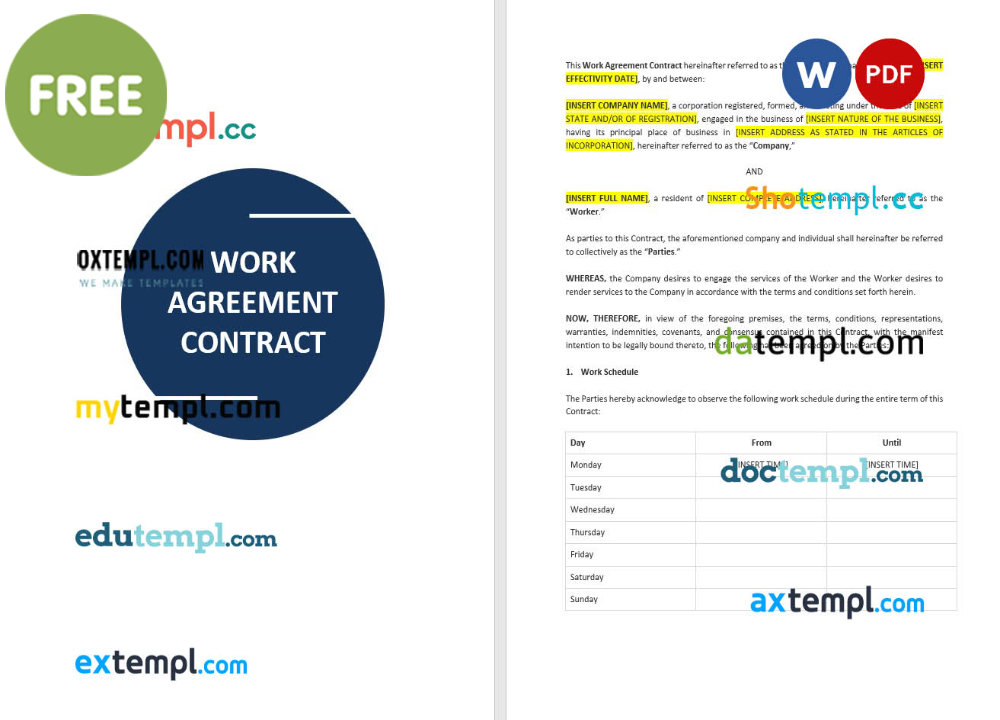 work agreement contract template, Word and PDF format