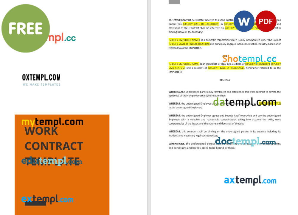 work contract template, Word and PDF format