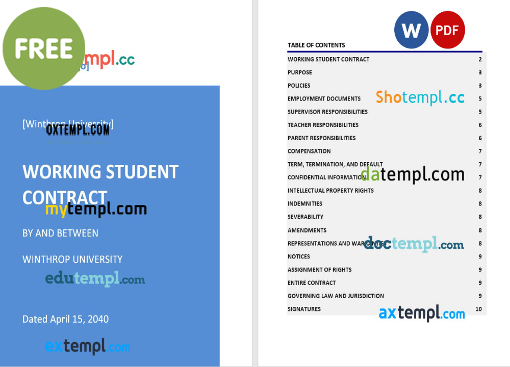 working student contract template, Word and PDF format