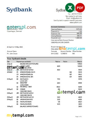 Denmark Sydbank statement Excel and PDF template