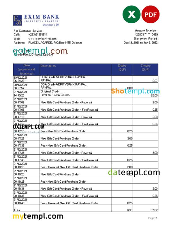 Djibouti Exim bank statement Excel and PDF template